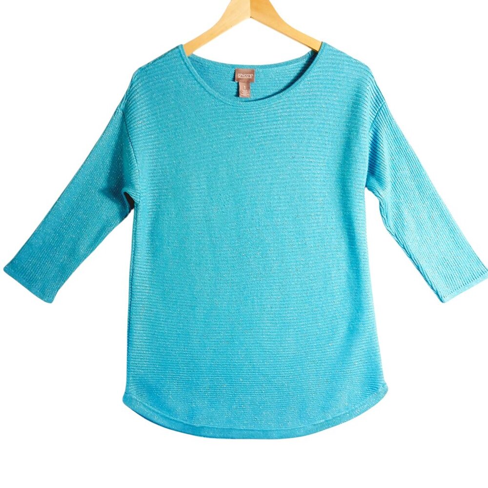 Chico's, Turquoise Blue, Sparkle, Ribbed Knit Top with 3/4 Sleeves,  Size Small